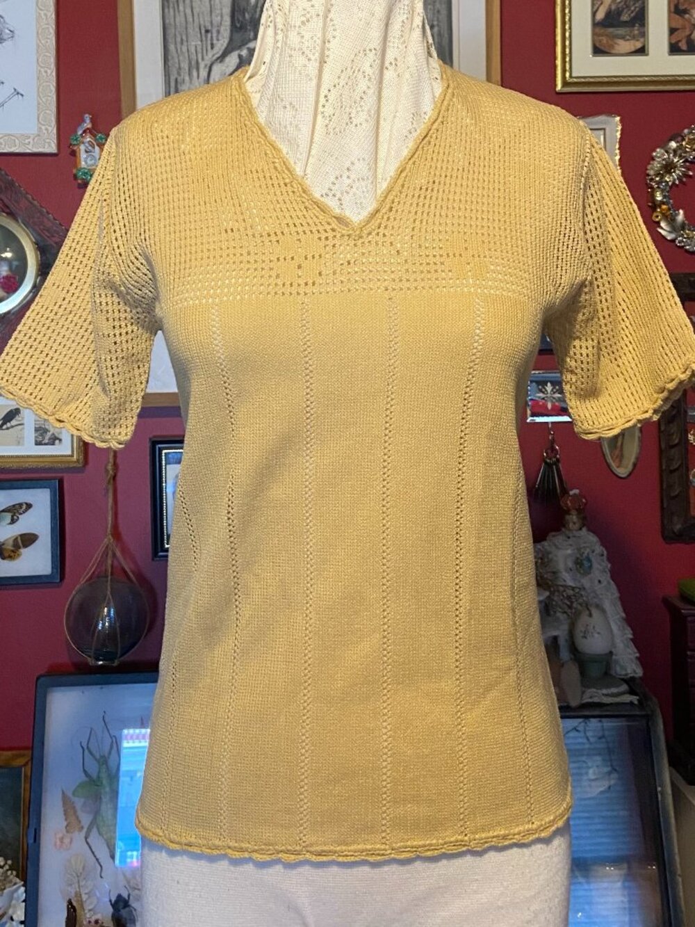Vintage Tan/beige Sweater Top 60's to 70's Product of Philippines Crochet Trim